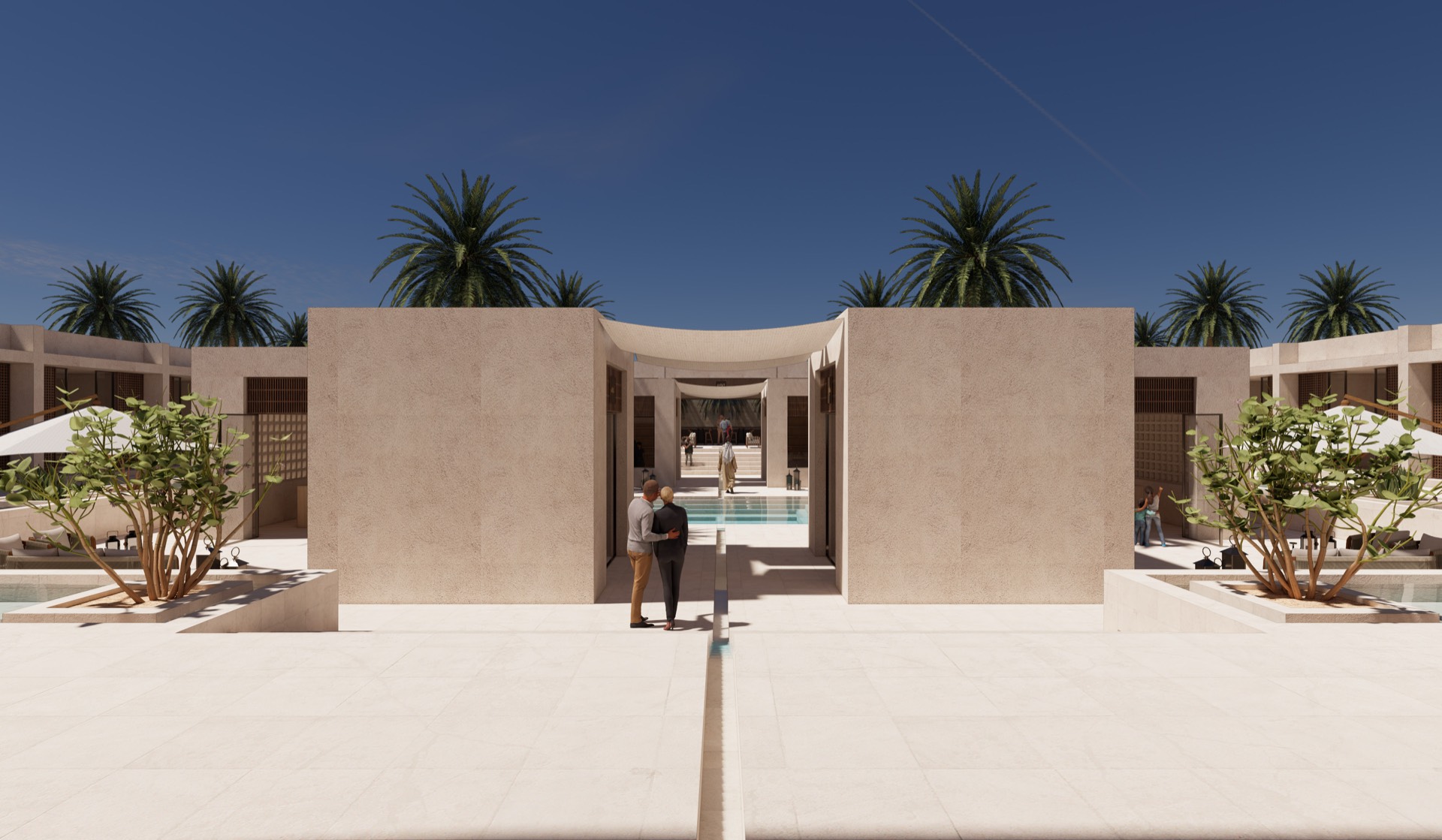A long landscaped axis framing the journey of arrival