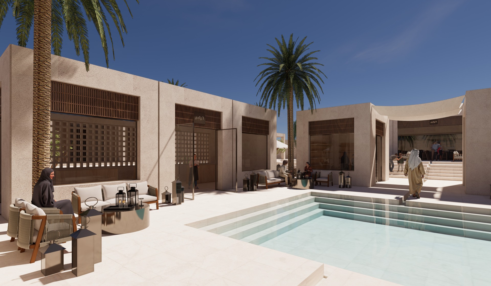 Shaded courtyard with reflecting pool, palm and timber screens