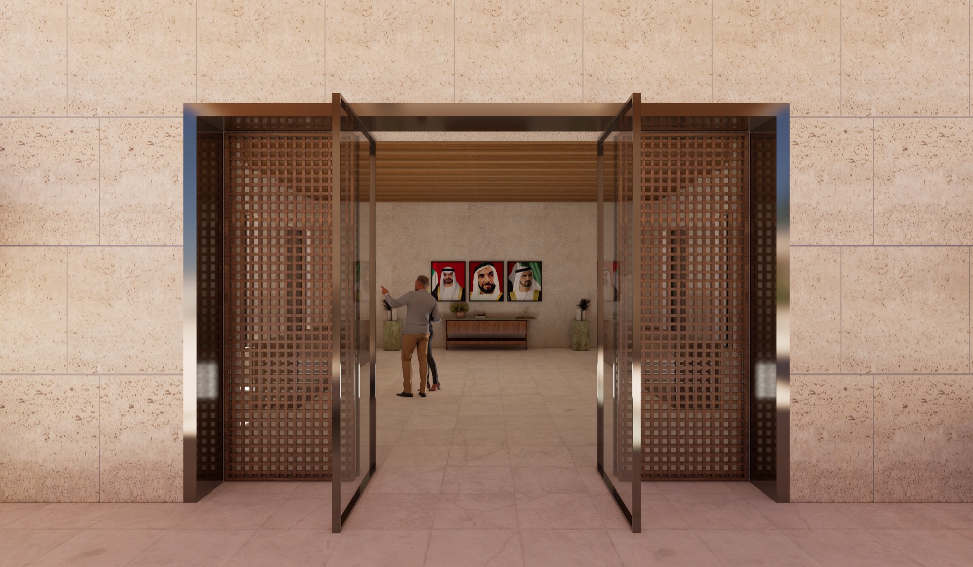Interior threshold with bronze mashrabiya screens opening to a travertine gallery