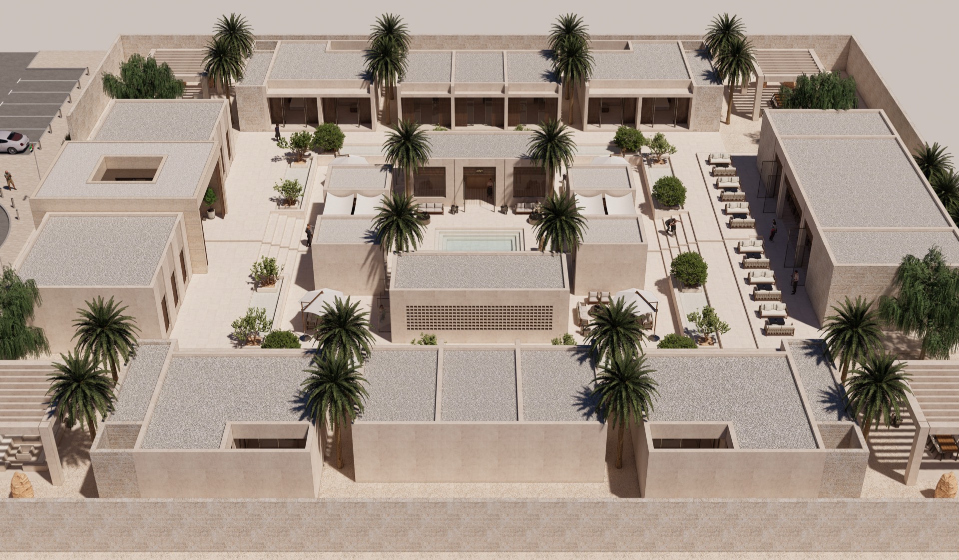 Aerial view of the Al Rayeh masterplan organised around a central courtyard